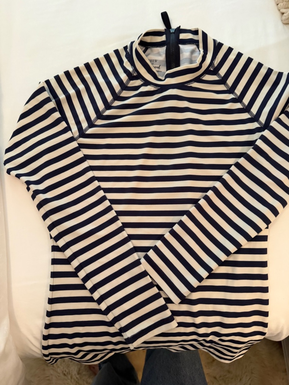 J. Crew Navy & Cream Striped Rash Guard. Size medium. Back zipper at neck